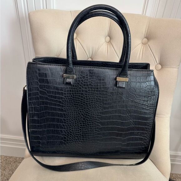 H & M Black Crock Embossed Faux Leather Two Way Tote Crossbody - Picture 1 of 9